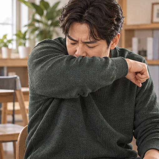 기침할 때 팔꿈치로 입을 가리는 모습 (AI 설명용 삽화)