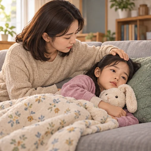 아이의 상태를 살피는 보호자 (AI 설명용 삽화)
