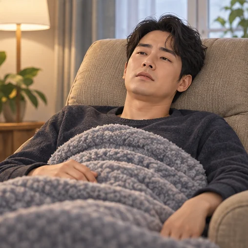 피곤해서 담요를 덮고 쉬는 모습 (AI 설명용 삽화)