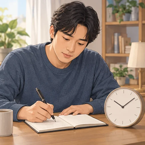 증상의 시작과 변화를 메모하는 모습 (AI 설명용 삽화)