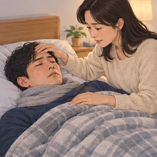 누워 쉬는 가족을 돌보는 모습 (AI 설명용 삽화)