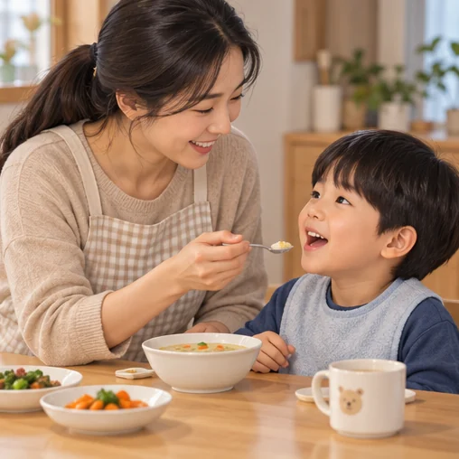 아이의 식사를 챙기는 보호자 (AI 설명용 삽화)