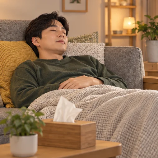 일정을 줄이고 소파에서 쉬는 모습 (AI 설명용 삽화)