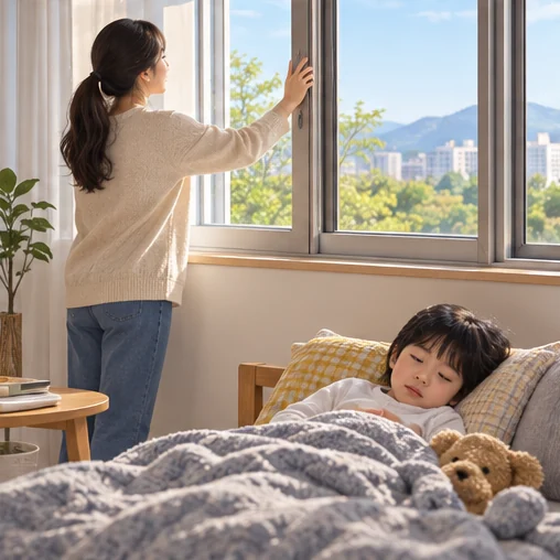 쉬는 아이와 실내 환기를 챙기는 보호자 (AI 설명용 삽화)