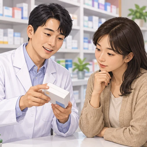 약의 사용법을 약사에게 확인하는 모습 (AI 설명용 삽화)