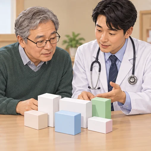 복용 중인 약을 의료진과 확인하는 어르신 (AI 설명용 삽화)
