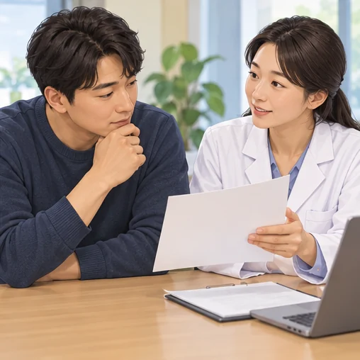 증상 관리 설명을 듣는 모습 (AI 설명용 삽화)