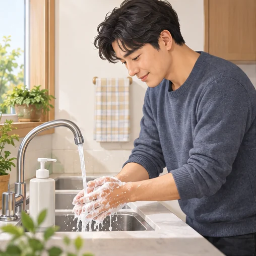 비누와 물로 손을 씻는 모습 (AI 설명용 삽화)