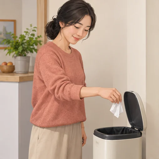 사용한 휴지를 바로 버리는 모습 (AI 설명용 삽화)