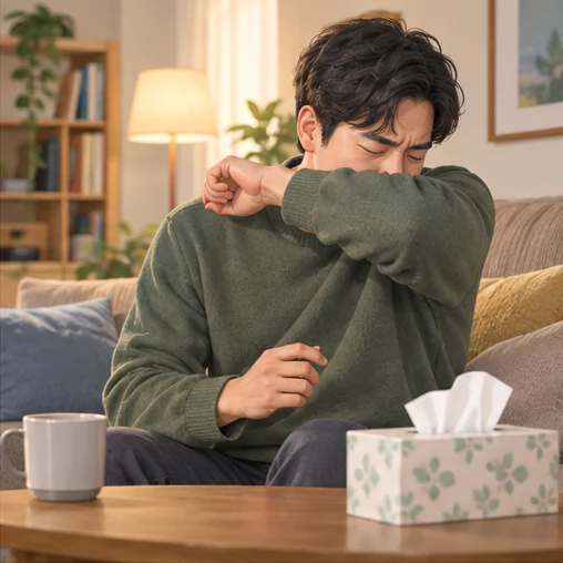 팔꿈치로 입을 가리며 기침하는 모습 (AI 설명용 삽화)