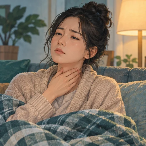 목이 불편한 상태를 살피는 모습 (AI 설명용 삽화)