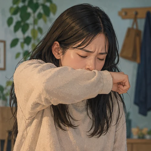 팔꿈치로 입을 가리며 기침하는 모습 (AI 설명용 삽화)
