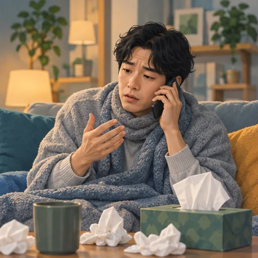 증상을 전화로 상담하는 모습 (AI 설명용 삽화)