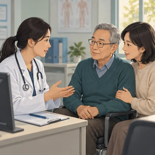 어르신과 보호자가 의료진에게 상담하는 모습 (AI 설명용 삽화)