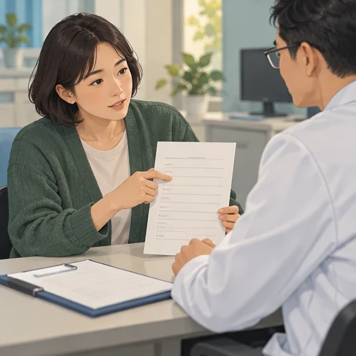복용 목록을 의료진에게 설명하는 모습 (AI 설명용 삽화)