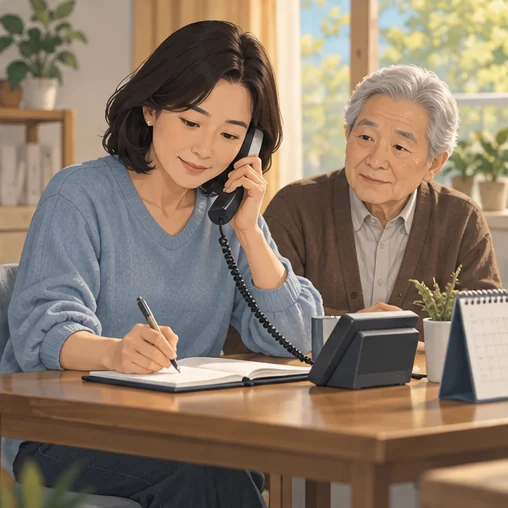 어르신의 방문 진료를 문의하는 보호자 (AI 설명용 삽화)