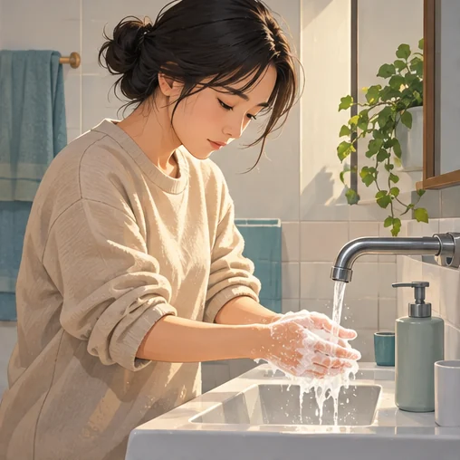 비누와 물로 손을 씻는 모습 (AI 설명용 삽화)