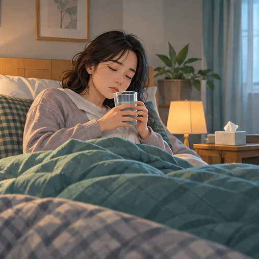 침실에서 물을 마시며 쉬는 모습 (AI 설명용 삽화)