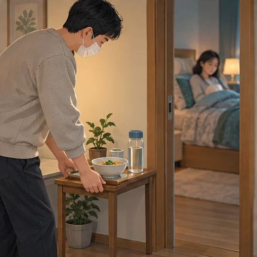 가족과 거리를 두고 식사를 챙기는 모습 (AI 설명용 삽화)