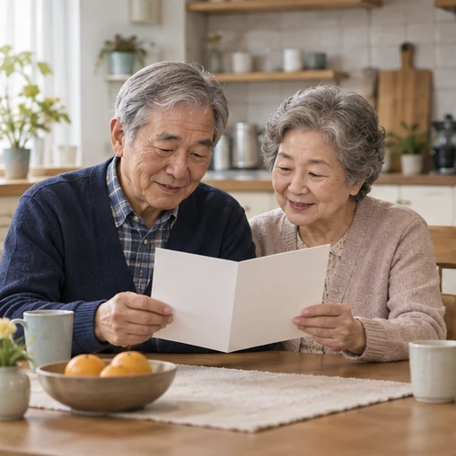 고령 부부가 건강 안내 자료를 함께 읽는 장면 (AI 설명용 삽화)