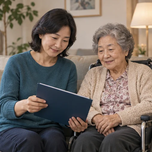 보호자가 고령 가족 옆에서 건강 자료를 살펴보는 장면 (AI 설명용 삽화)