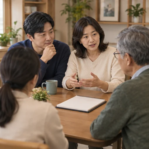 가족이 수첩을 곁에 두고 돌봄 계획을 이야기하는 장면 (AI 설명용 삽화)