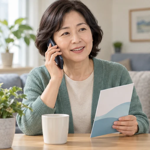 보호자가 안내 자료를 들고 전화로 문의하는 장면 (AI 설명용 삽화)