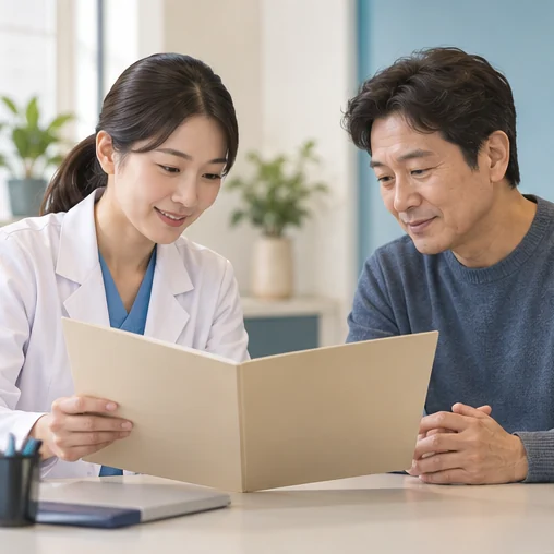 의료진과 기존 접종 기록 자료를 살펴보는 장면 (AI 설명용 삽화)