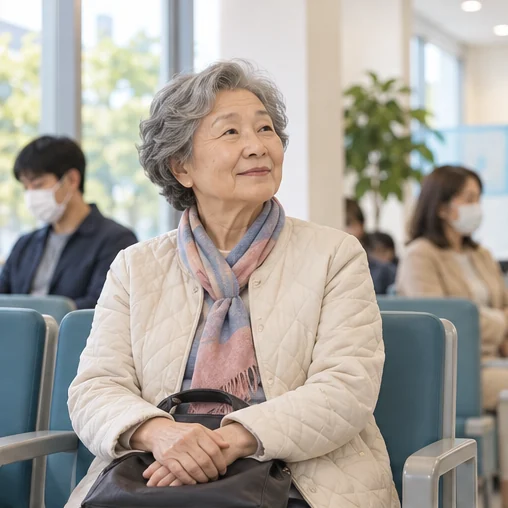 밝은 접종 대기 공간에 앉아 있는 고령자의 장면 (AI 설명용 삽화)