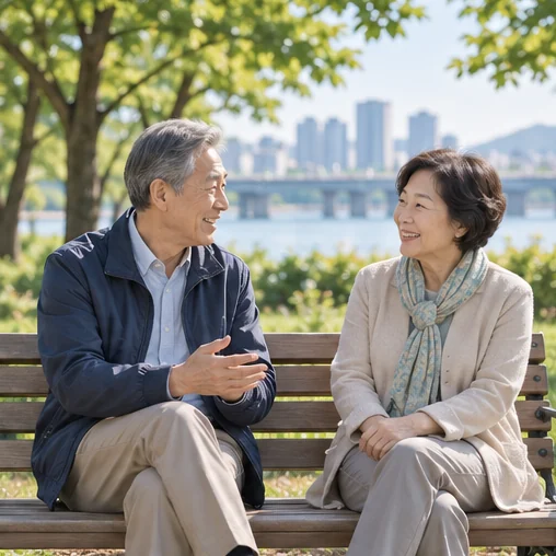 실외 벤치에서 여유 있게 대화하는 장면 (AI 설명용 삽화)