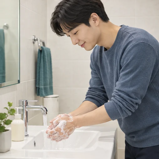 비누와 흐르는 물로 양손을 씻는 장면 (AI 설명용 삽화)