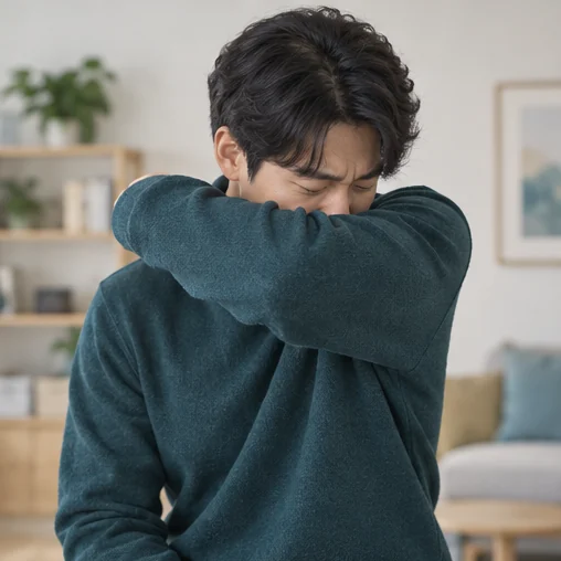 팔꿈치 안쪽으로 입과 코를 가리고 기침하는 장면 (AI 설명용 삽화)