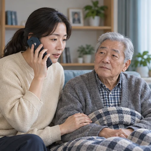 보호자가 고령 가족 옆에서 전화 상담하는 장면 (AI 설명용 삽화)