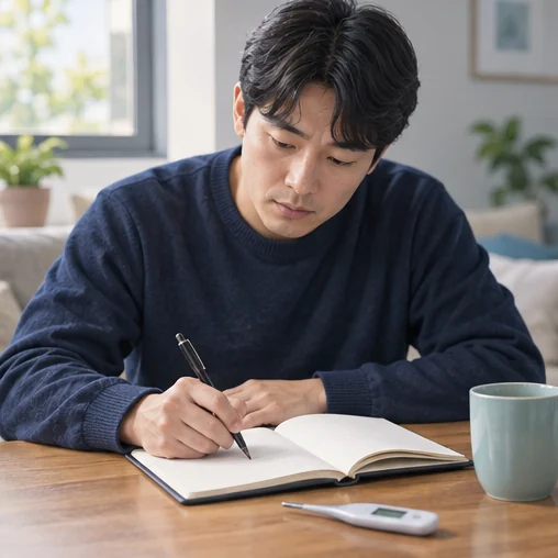 체온계를 곁에 두고 증상 시작과 변화를 메모하는 장면 (AI 설명용 삽화)