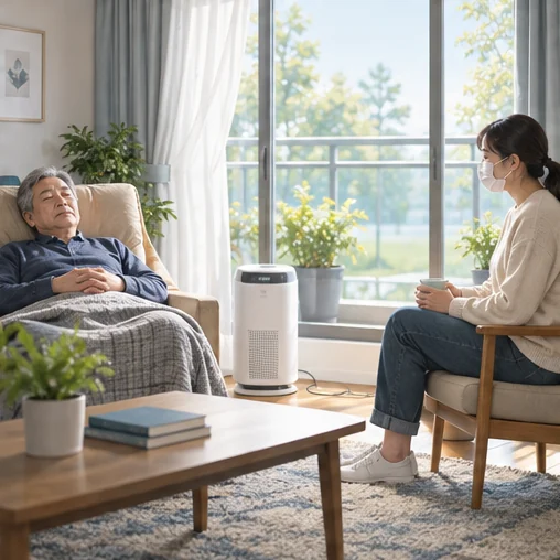 환기되는 방에서 보호자가 쉬는 가족을 살피는 장면 (AI 설명용 삽화)