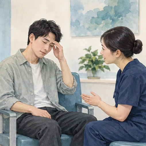 어지러운 느낌을 의료진에게 알리는 장면. (AI 설명용 삽화)