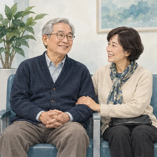 어르신과 동행자가 기관에서 함께 기다리는 장면. (AI 설명용 삽화)