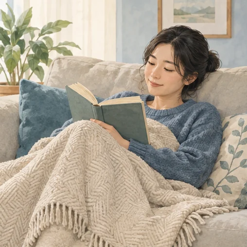 집에서 조용히 책을 읽으며 쉬는 장면. (AI 설명용 삽화)