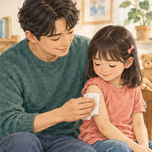 아이의 팔에 깨끗한 천을 가볍게 대는 장면. (AI 설명용 삽화)