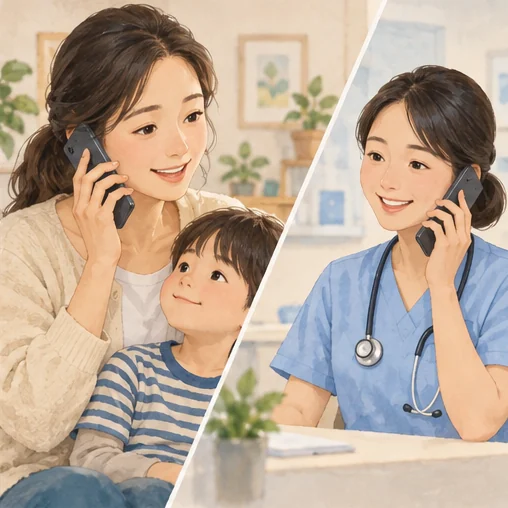 아이의 상태에 관해 의료진에게 전화하는 장면. (AI 설명용 삽화)