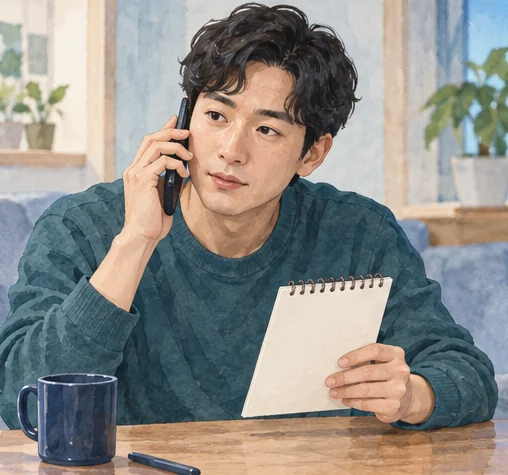 불편한 증상을 설명하며 기관에 전화하는 장면. (AI 설명용 삽화)