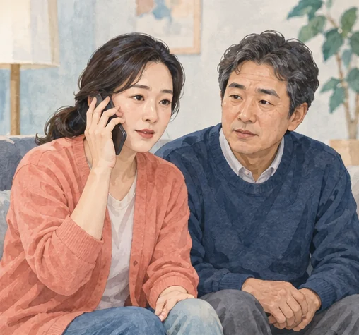 곁에 있는 사람을 위해 도움을 요청하는 장면. (AI 설명용 삽화)