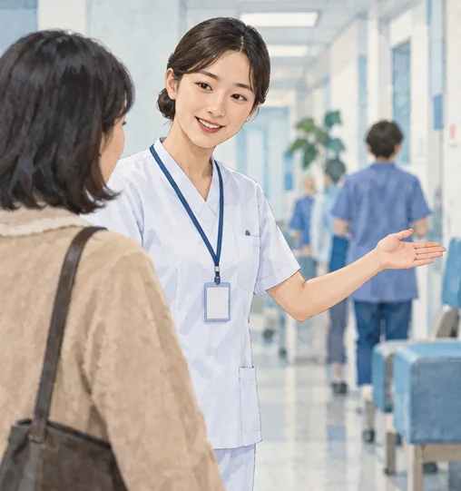 진료를 받을 곳을 안내받는 장면. (AI 설명용 삽화)