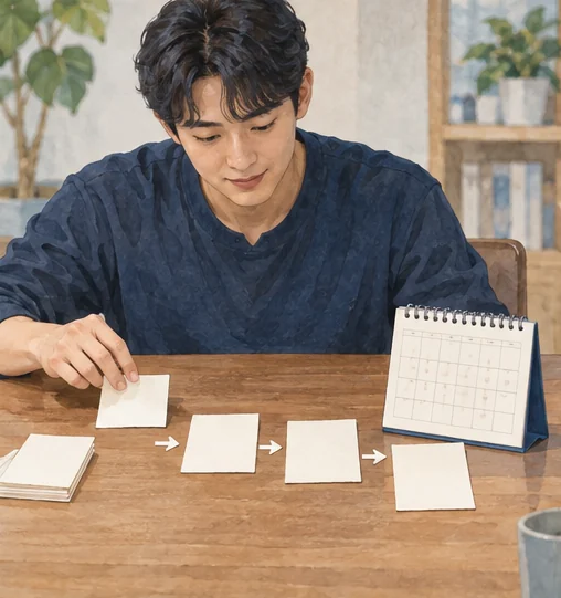 증상의 시작과 변화를 순서대로 정리하는 장면. (AI 설명용 삽화)
