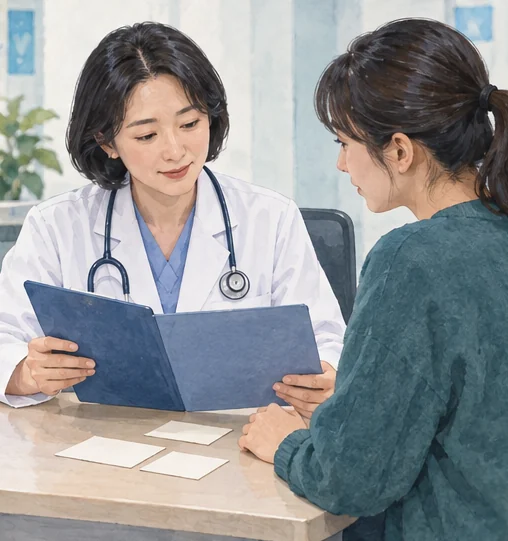 접종 기록과 증상 경과를 함께 상담하는 장면. (AI 설명용 삽화)