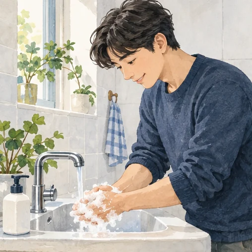 일상에서 비누로 손을 씻는 장면. (AI 설명용 삽화)