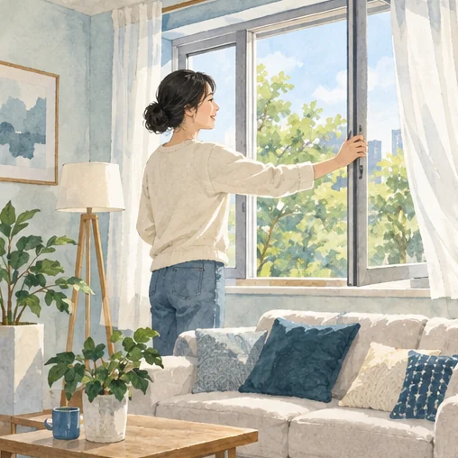 집 안으로 바깥 공기를 들이는 장면. (AI 설명용 삽화)