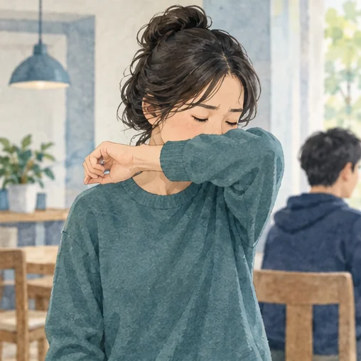 옷소매로 입과 코를 가리며 기침하는 장면. (AI 설명용 삽화)