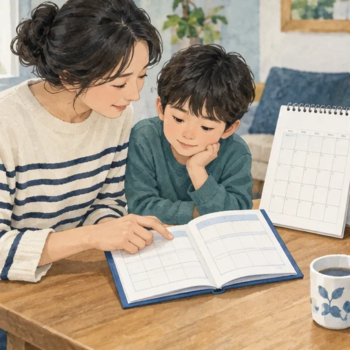 아이의 접종 기록과 달력을 확인하는 장면. (AI 설명용 삽화)