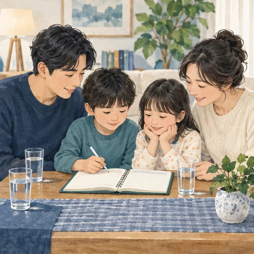 가족이 휴식과 건강 관리 계획을 함께 정리하는 장면. (AI 설명용 삽화)